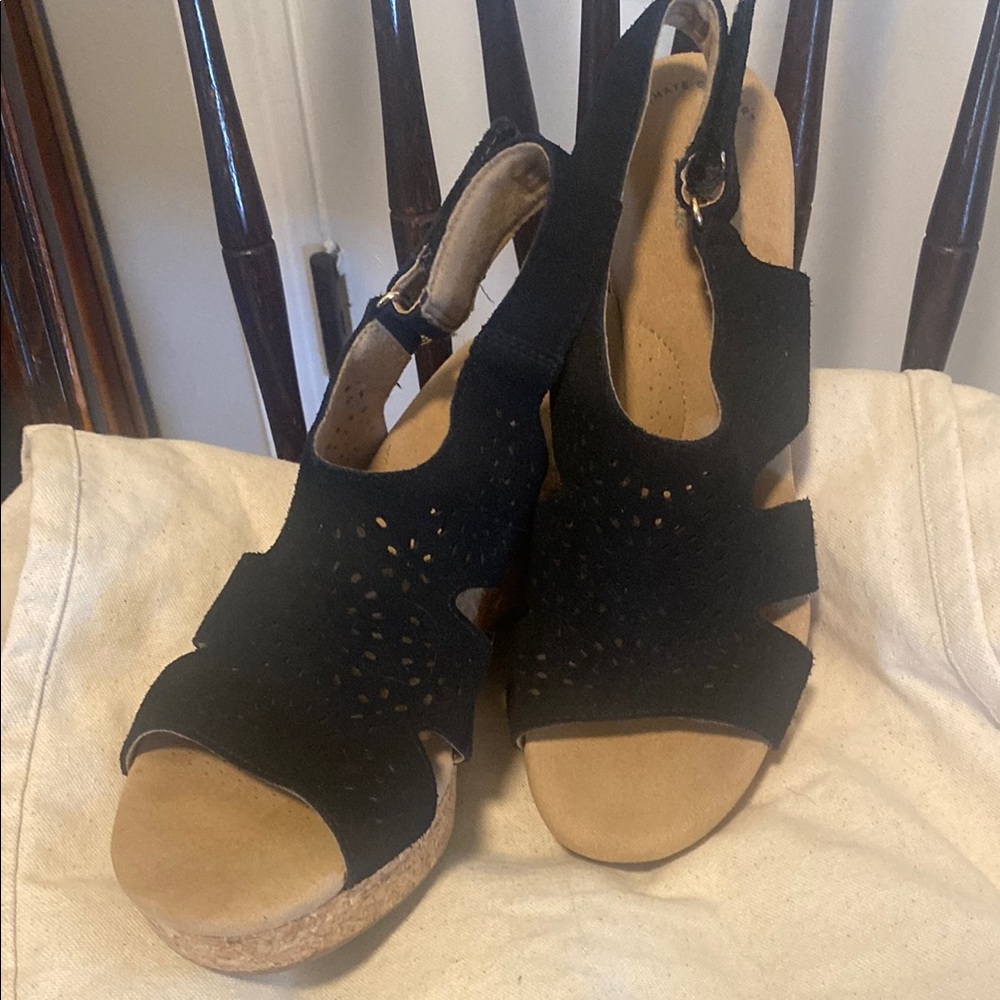 Beautiful Perforated Black Suede Wedge/Heeled Sandal EUC